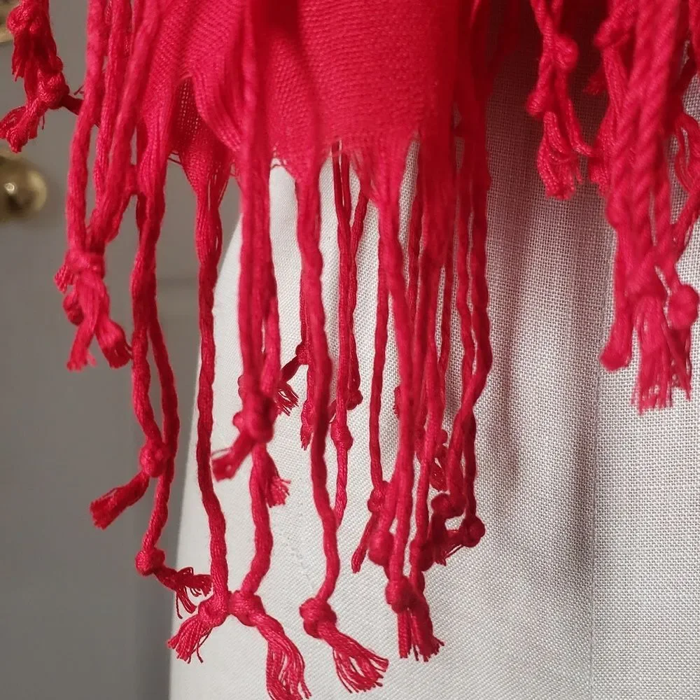 OZSOY Turkish Pashmina Scarf Red Lightweight Woven Fringe Wrap Shawl NWOT 72x28